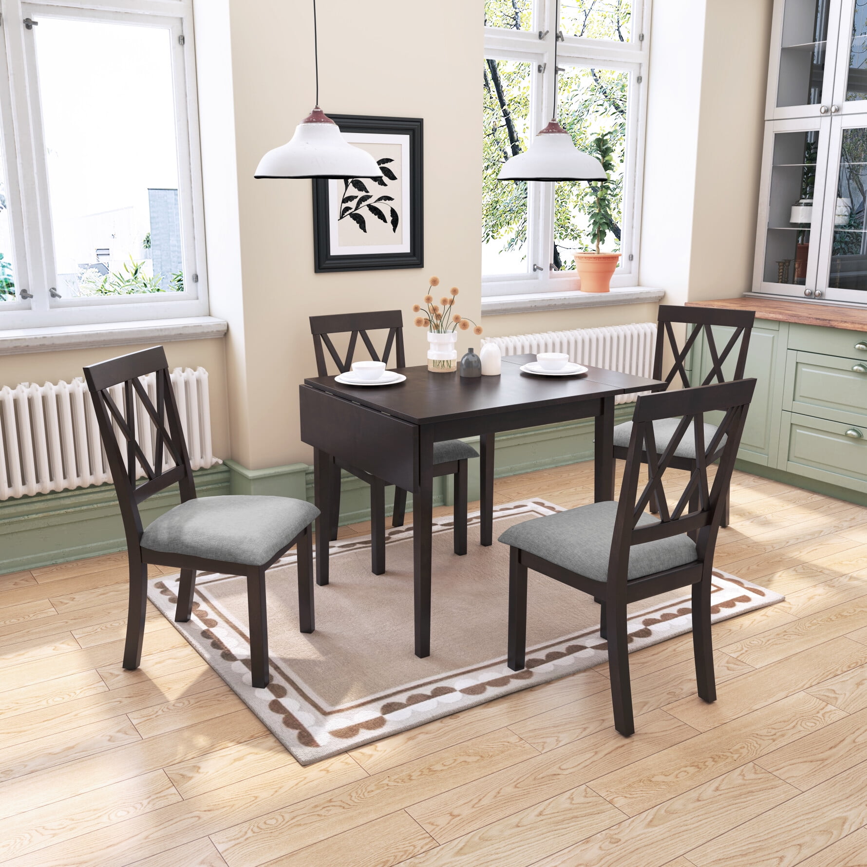 Gizoon 3-Piece Extendable Dining Table Set With 2 Benches - Black, Seats 4-6, Mid-Century Modern For Small Spaces