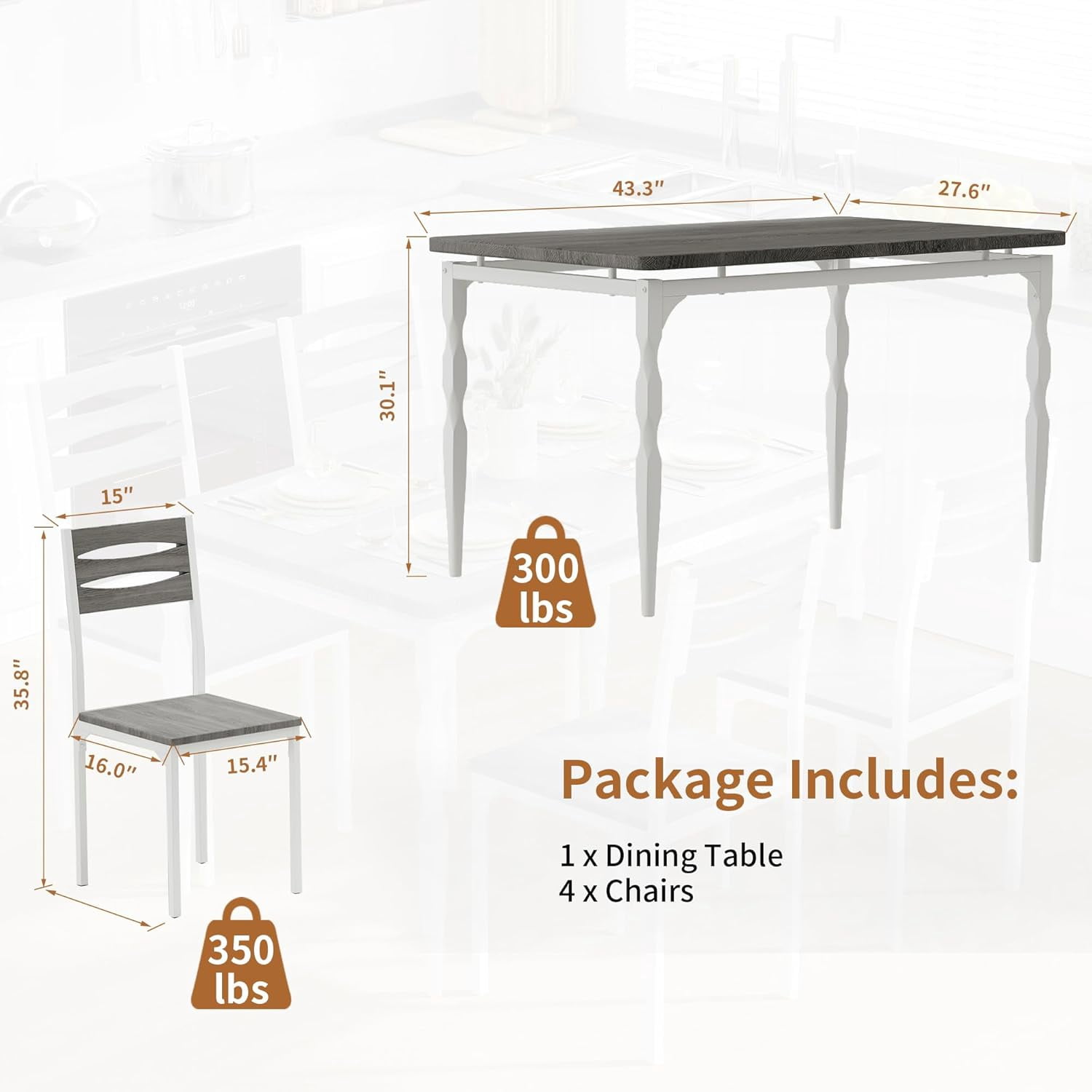 5-Piece Dining Table Set for 4, MDF Wood Kitchen Table with Spiral ...