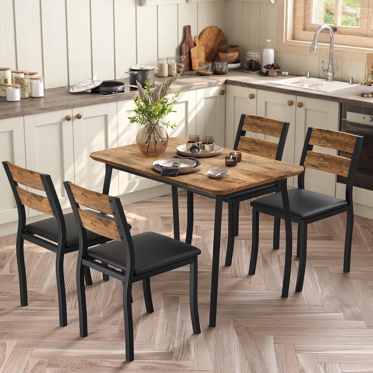 GarveeHome Kitchen Table Set With 2 Benches – Seats 4, Space-Saving Design, Sturdy Metal Frame, Vintage Brown Finish