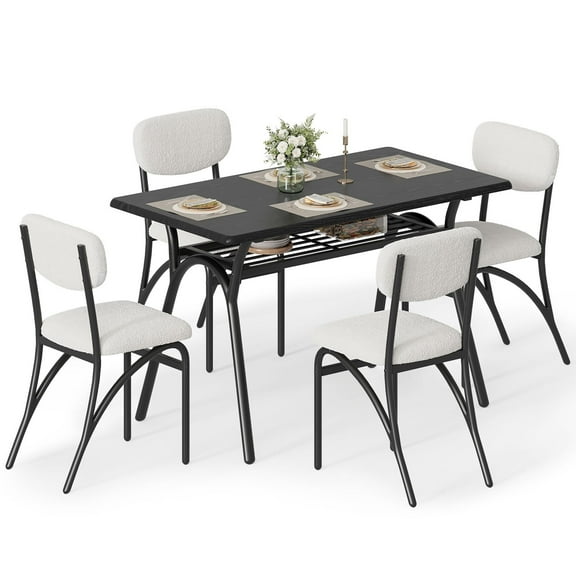5-Piece Dining Table Set for 4, Modern Kitchen Table with 4 Boucle Chairs, Rectangular Dining Table with Storage Shelf for Breakfast Nook