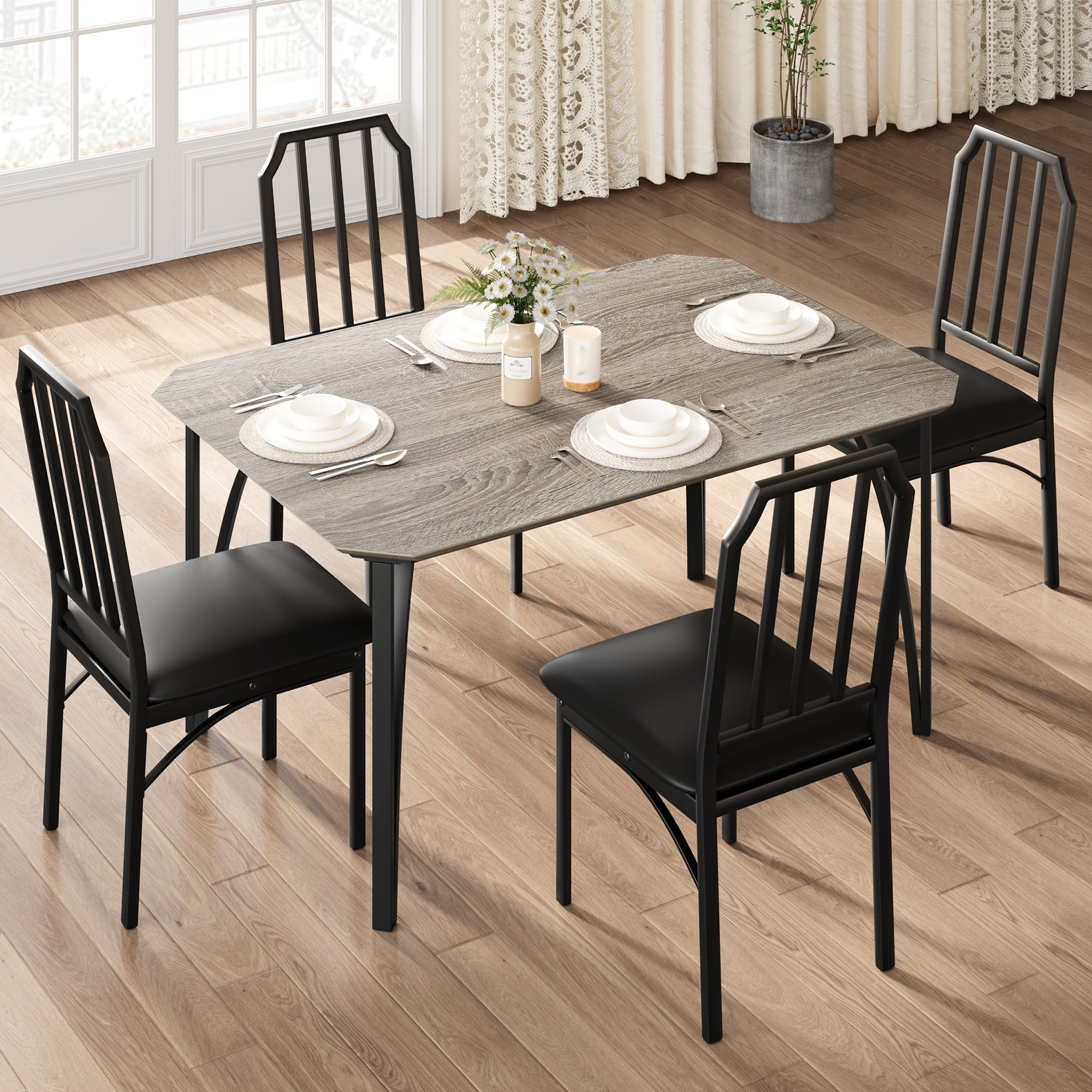 5-Piece Dining Table Set for 4, Small Kitchen Table with 4 Upholstered Chairs for Small Space ...
