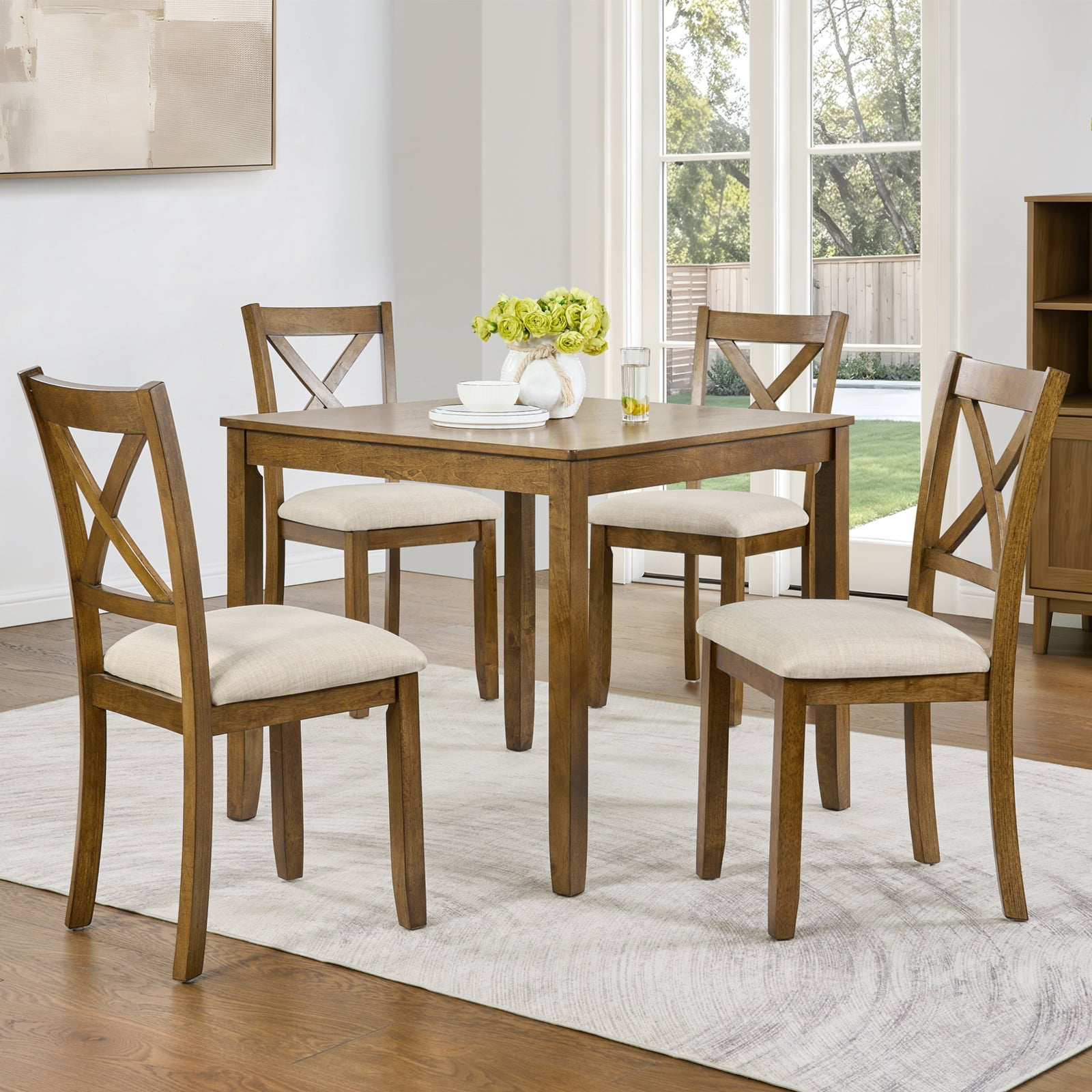 5-Piece Dining Table Set for 4, Square Dining Table with 4 Upholstered Chairs