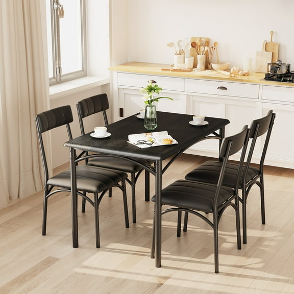 5-Piece Dining Table Set for 4, Wood Rectangular Kitchen Table with 4 Upholstered Chairs for Kitchen Room and Small Spaces, Black