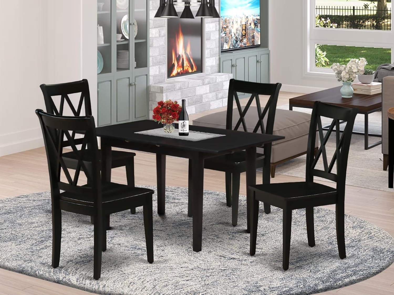 5 Piece Dining Table Set for 4 with Leaf, Black Solid Wood Kitchen ...