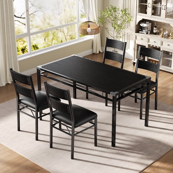 5-Piece Dining Table Set for 4 with Upholstered Chairs, Rectangle Kitchen Table for Small Space & Apartments-Black