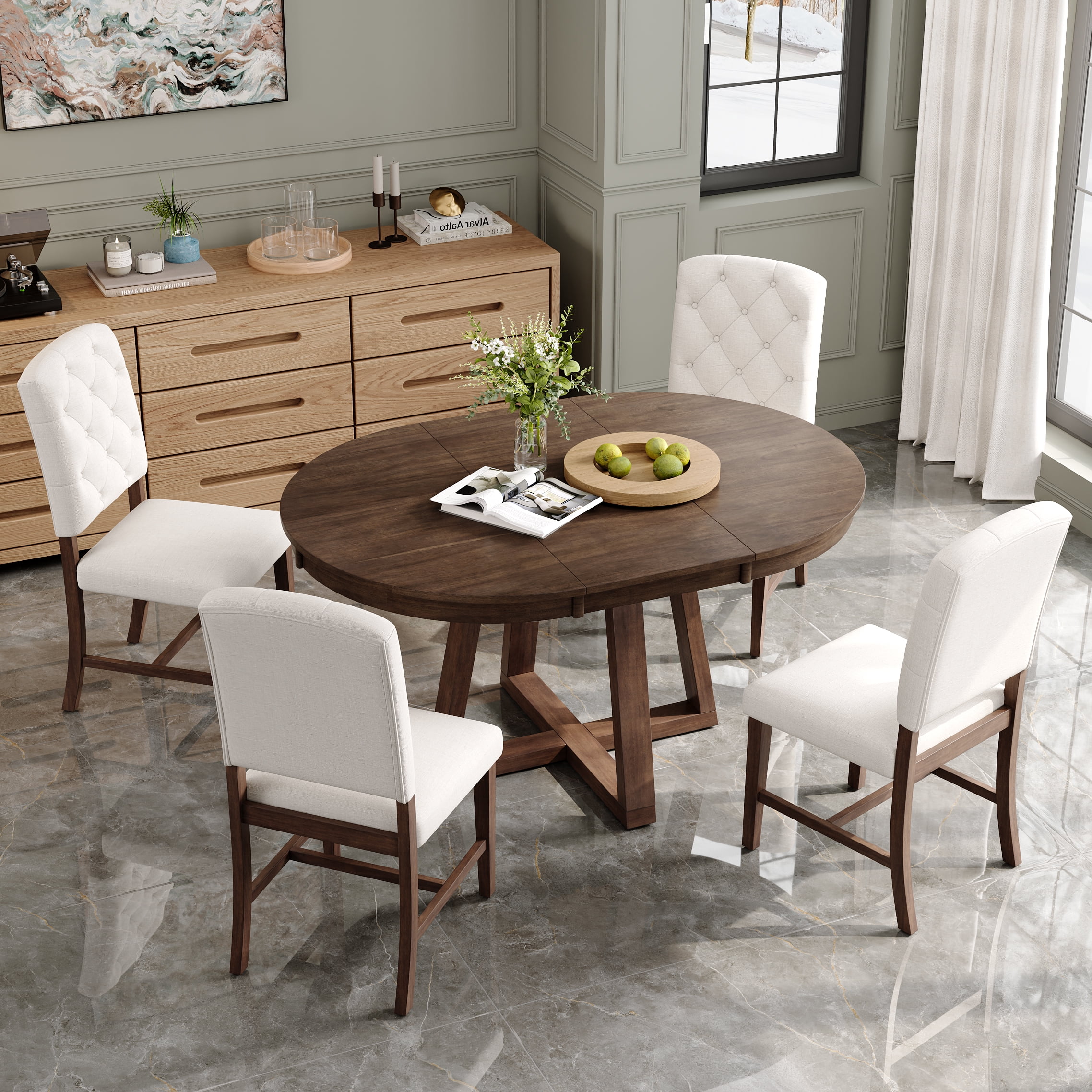 5-Piece Dining Table Set for 5, 42"-58" Extendable Round Dining Table with 4 Upholstered Chairs