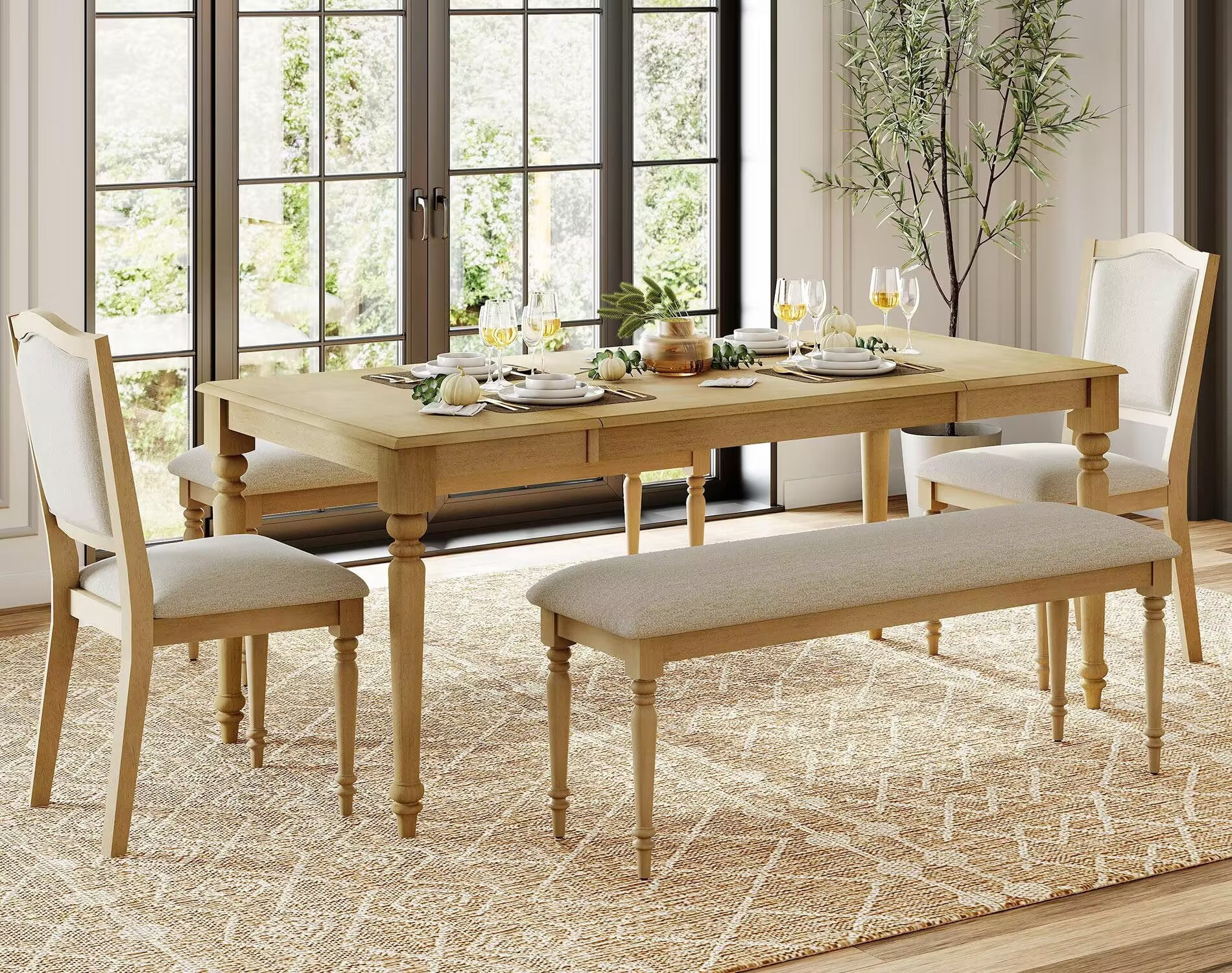 5 Piece Dining Table Set for 6-8 People - Includes One Dining Table, 2 Upholstered Benches, 2 Wood Dining Chairs, Rustic Dining Set for Kitchen, Oak