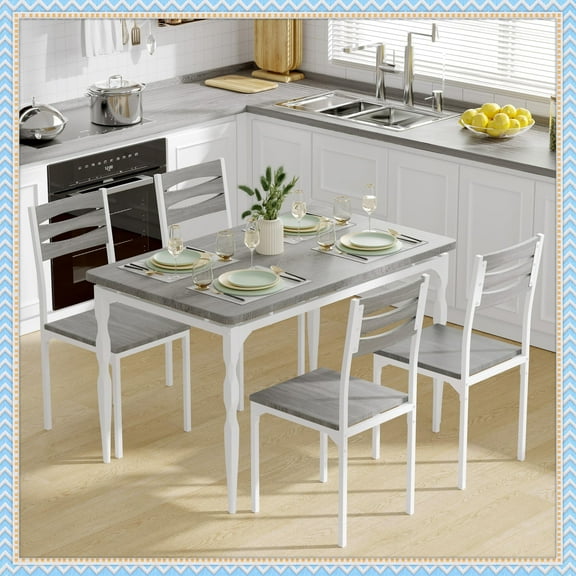 5 Piece Dining Table Set for 6, Industrial Farmhouse Kitchen Table & Chairs, Space-Saving Design for Small Apartments, Light Gray