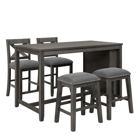 5 Piece Dining Table Set with 3 Layer Open Storage Shelf, Rectangular Table with 2 Upholstered Chairs and 2 Rivets Trim Stools