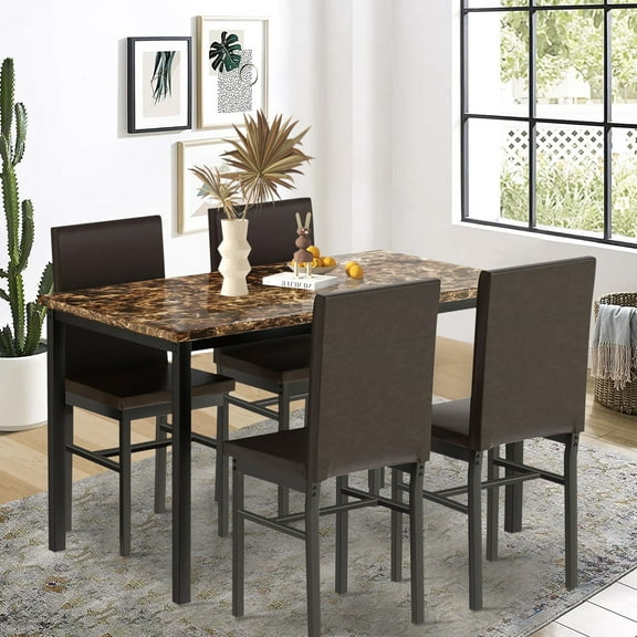 5 Piece Dining Table Sets, Metal Dinette Set Faux Marble Rectangular Breakfast Table with Metal Legs & Black Finish Frame, Dining Table and Chairs for an Apartment or Breakfast Nook, Coffee, S12514
