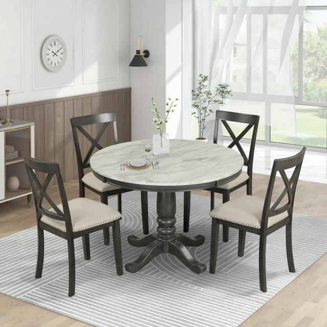 5Piece Dining Table and Chairs Set for 4 Persons, Solid Wood Round