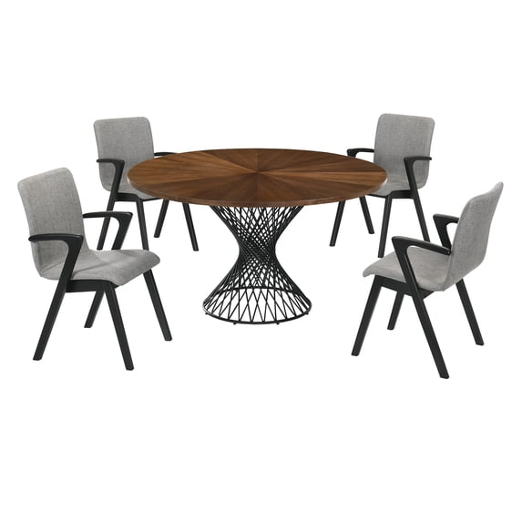 5 Piece Dining Table with Twisted Design Base, Brown and Gray