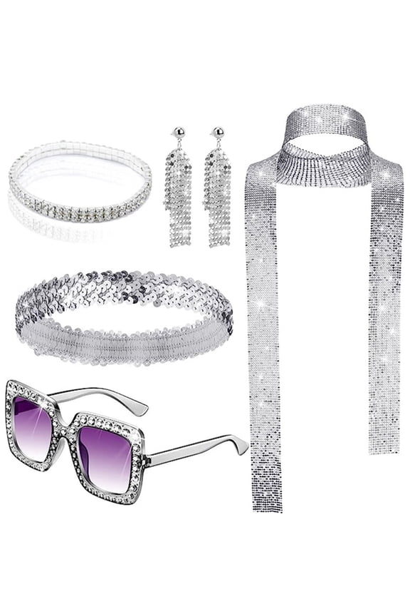 5 Piece Disco Accessories Set 1970s Jewelry Retro Party Gear for Women Including Earrings Headband Bracelet Necklace