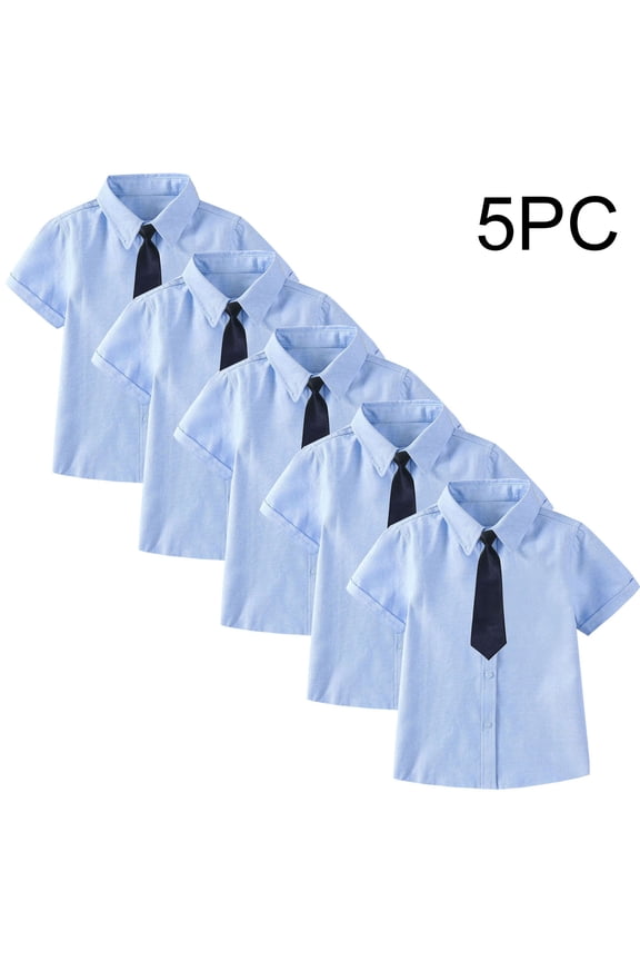 5 Piece Dress Shirt Set for Boys And Girls Short Sleeve Collared Student Uniform Outfit With Tie Summer Ceremony School Performance Look Photo Day Wear