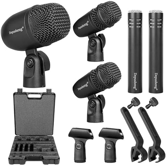 5-Piece Drum Microphone Set with 3 Dynamic Percussion Microphones and 2 Condenser Percussion Microphones, Ideal for Instrument Recording and Music Production