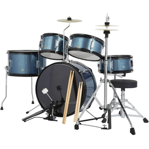 5-Piece Drum Set, Complete Kit with Bass Drum, Tom, Snare, Hi-Hat, Cymbal & Pedal, 16in Full Drum Set with Drumsticks and Stool, Blue