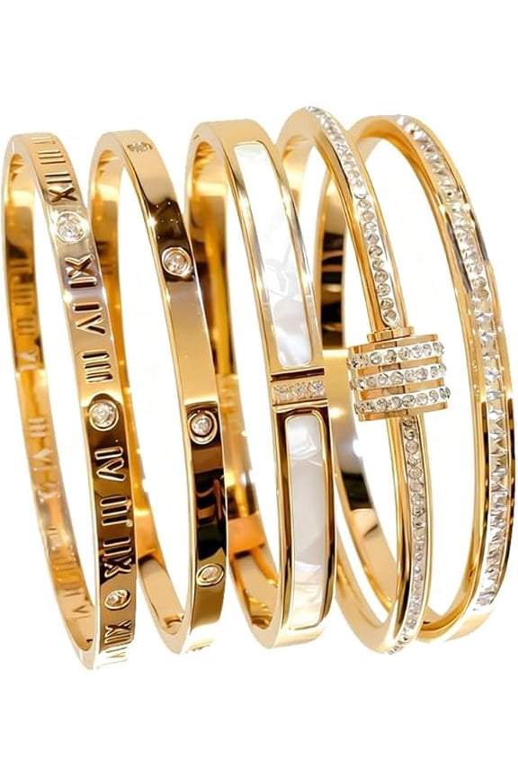 5-Piece Elegant Stainless Steel Bracelet Set, Non Tarnish Bangle, Fashionable Classic Design, Gold Bead Bracelets for Men and Women, Elegant Bracelet Set for Everyday and Formal Wear