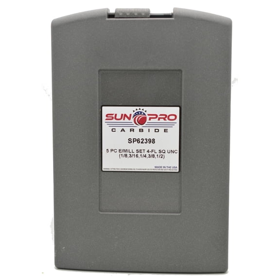 5 Piece End Mill Set. Carbide 4 Flute Square End Regular Length Uncoated. Sizes 1/8", 3/16", 1/4", 3/8" & 1/2"