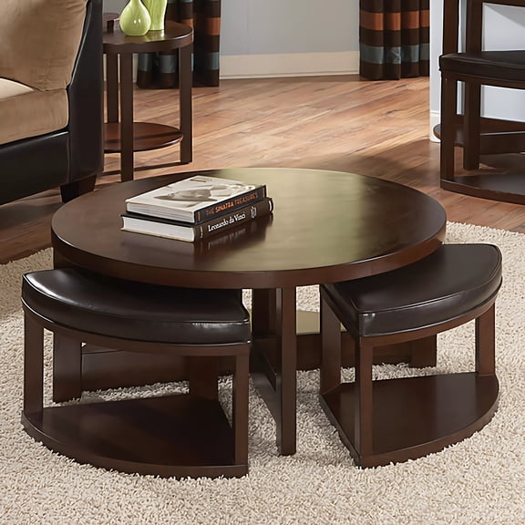 5-Piece Espresso Coffee Table Set - Modern Round Table with 4 Upholstered Nesting Stools, Faux Leather, Space-Saving Design. GTU Furniture.