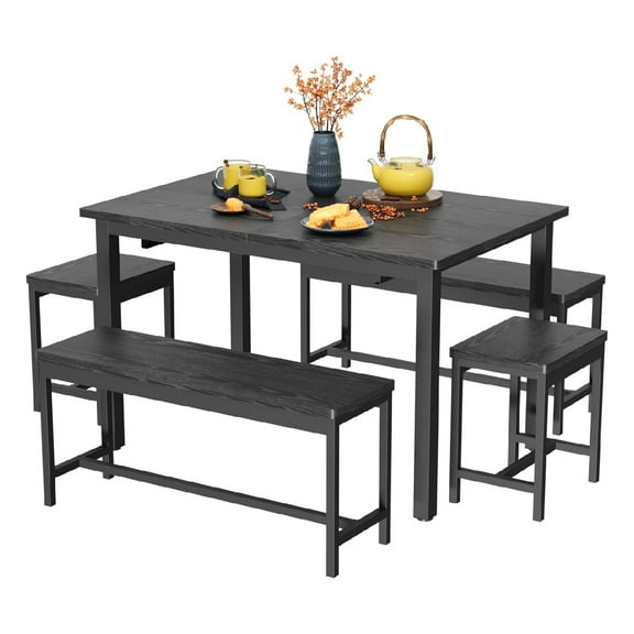 5-Piece Extendable Dining Table Set for 4 to 8 - 63 Inch Modern Space Saving Kitchen Table with 2 Benches & 2 Stools, Farmhouse Style Dining Room Furniture Set (Easy Assembly)