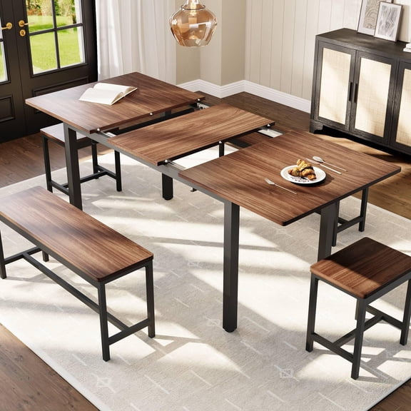 5-Piece Extendable Dining Table Set for 4-8 People, 63 Inch Kitchen Table with 2 Benches & 2 Stools, Space Saving Modern Dining Room Furniture, Easy Assembly