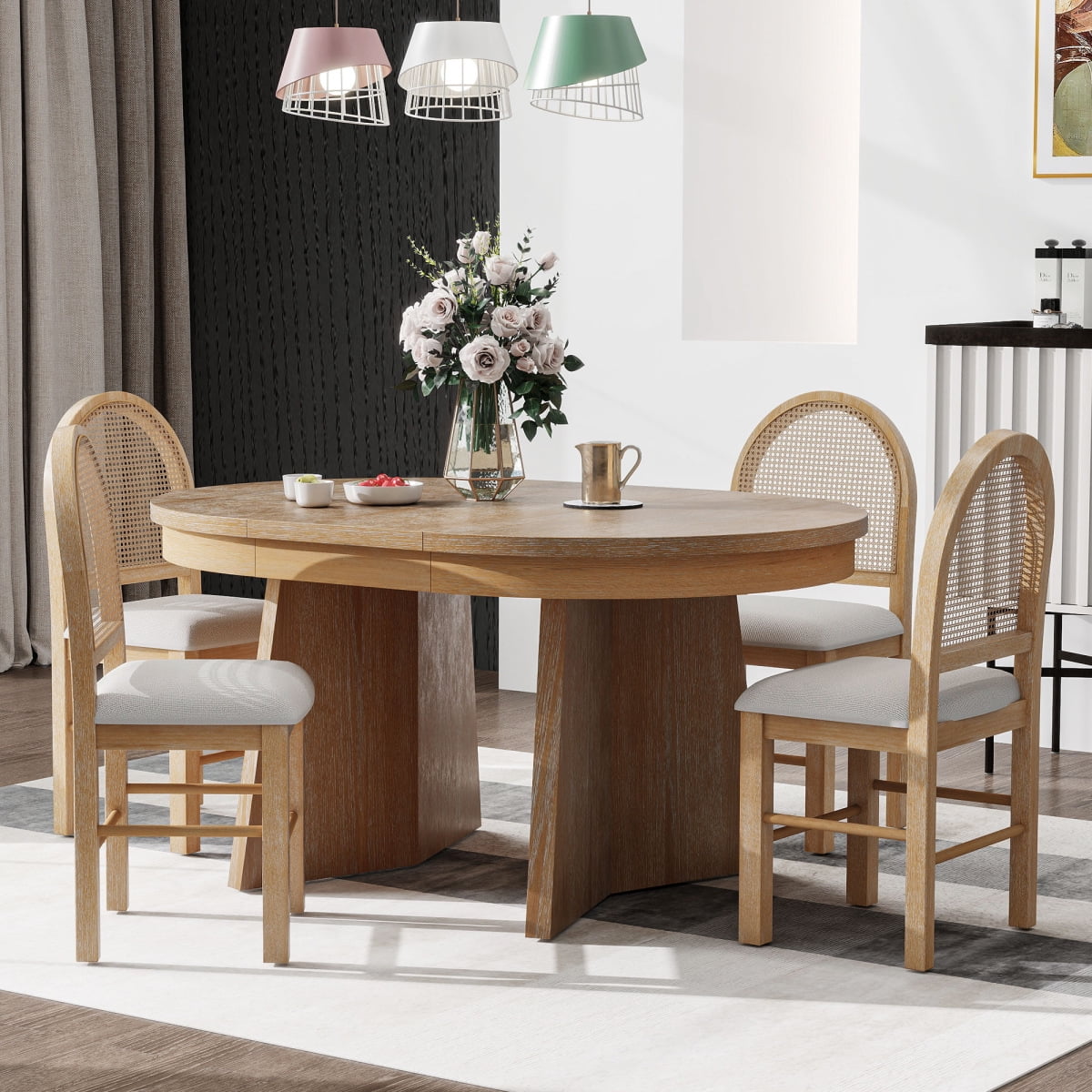 5-Piece Extendable Dining Table Set for 4 People, Solid Wood Kitchen ...