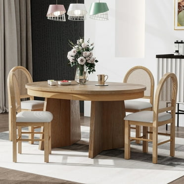 5-Piece Extendable Dining Table Set for 4 People, Solid Wood Kitchen Table Set with 4 Upholstered Chairs and Rattan Backrests for Dining Room and Kitchen, Natural