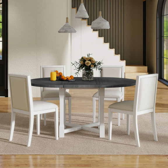 5-Piece Extendable Dining Table Set for 4 People, Solid Wood Kitchen Table Set with 4 Upholstered Chairs and Removable Leaf for Dining Room and Kitchen, Grey
