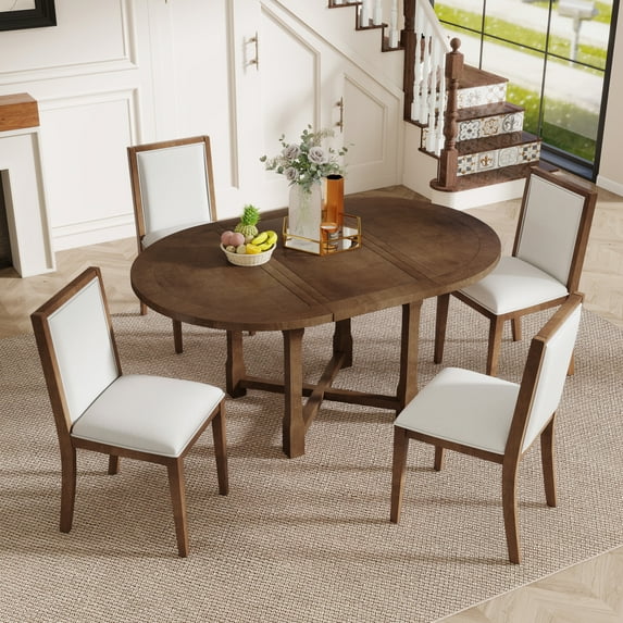 5-Piece Extendable Dining Table Set for 4, Round Dining Table and 4 Upholstered Chairs, Farmhouse Kitchen Table Set with Removable Leaf for Dining Room and Kitchen, Brown