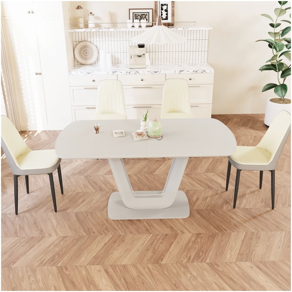 5-Piece Extendable Dining Table Set, Faux Leather Padded Chairs and Spacious Table for Kitchen Dining Room, Beige Grey Contemporary Style