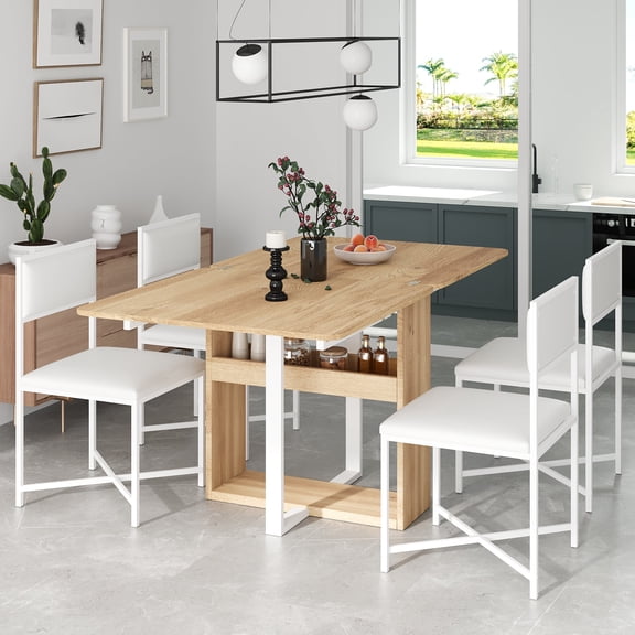 5-Piece Extendable Dining Table Set, Modern Foldable Square Kitchen Table Sets with Storage Rack and 4 Dining Chairs for Small Places, White
