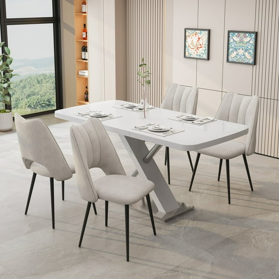 5-Piece Extendable Dining Table Set for 4 People, Solid Wood Kitchen Table Set with 4 Upholstered Chairs for Dining Room and Kitchen, Beige