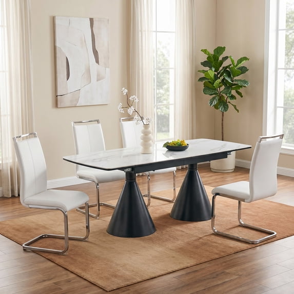 Sumdeal 5-Piece Dining Table Set for 4, Extendable Table with White PU Chairs