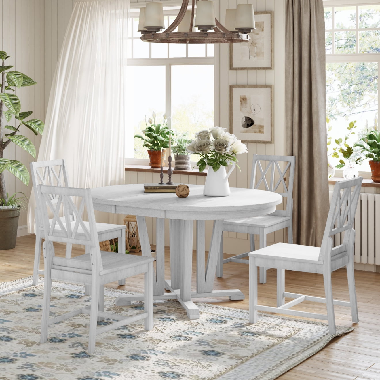 5-Piece Extendable Round Dining Table Set with 4 Cross Back Chairs ...