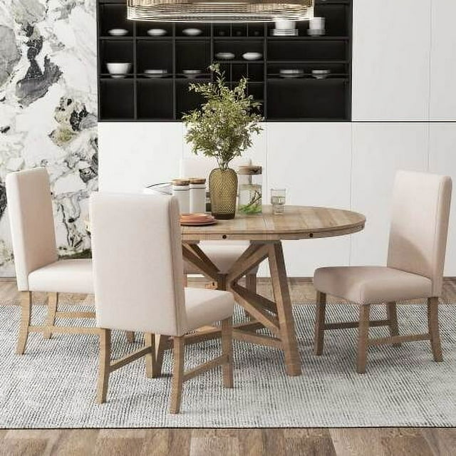 5-Piece Extendable Round Dining Table Set, Solid Wood Dinette with 4 ...