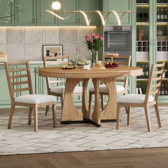 5-Piece Extendable Round Dining Table Set with 4 Chairs Natural Geometric Design for Kitchen Dining Room