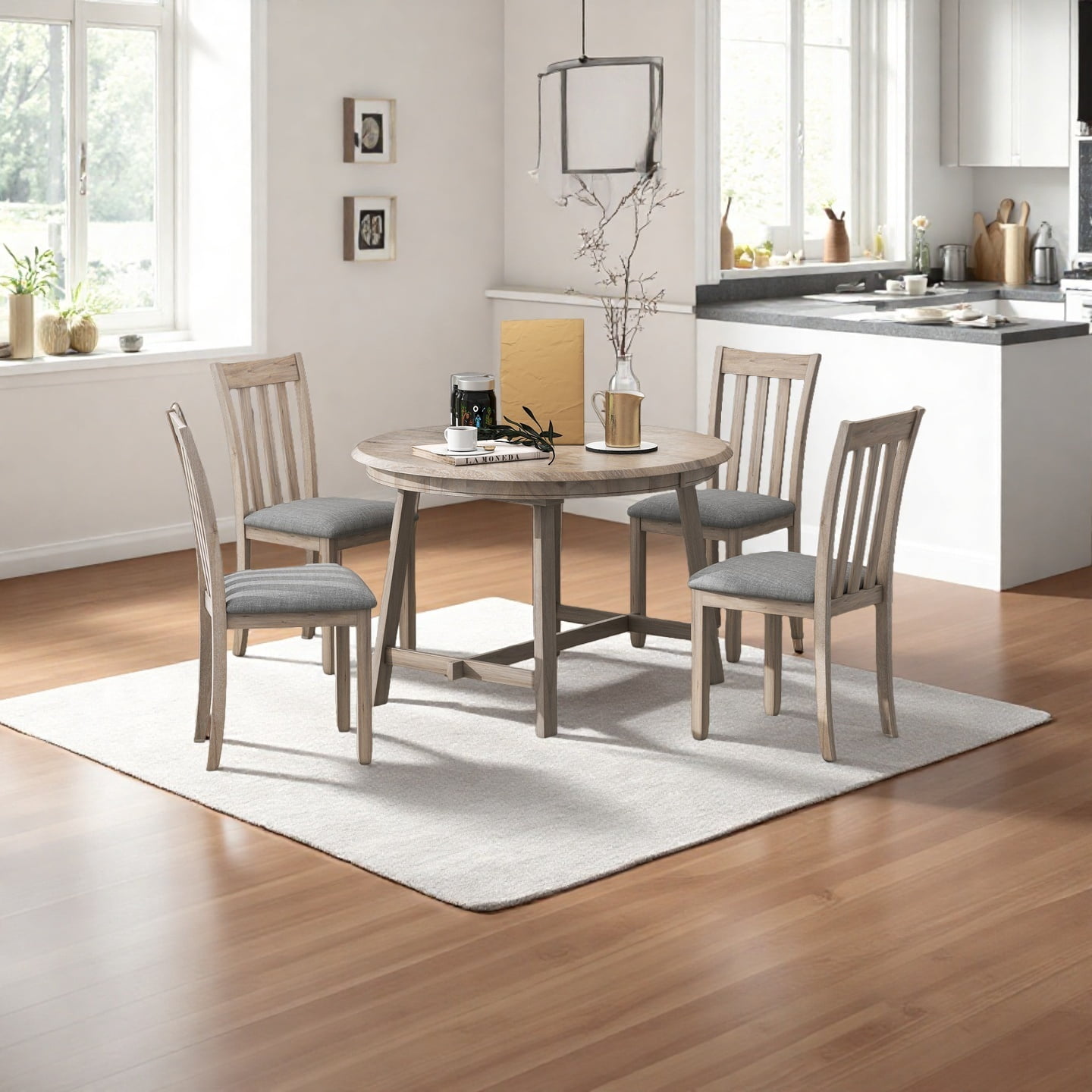 5-Piece Extendable Round Dining Table Set with 4 Upholstered Chairs ...