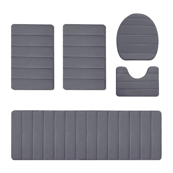 5-Piece Extra Large Bath Mat Set Plush Microfiber Fleece with Rubber Non-Slip Bottom Classic Stripe Design Dark Gray Bathroom Rug