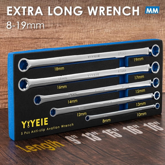 5-Piece Extra Long Box End Wrench Set, Metric 8mm-19mm, 6 Point Extended Bolt Extractor Wrench, CR-V Labor-Saving Aviation Spanner with EVA Foam