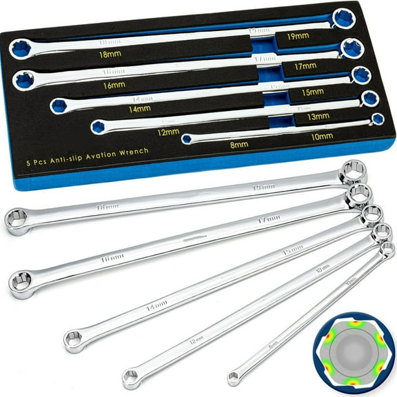 5-Piece Extra Long Box End Wrench Set, Metric 8mm-19mm, 6 Point Extended Bolt Extractor Wrench, CR-V Labor-Saving Aviation Spanner with EVA Foam