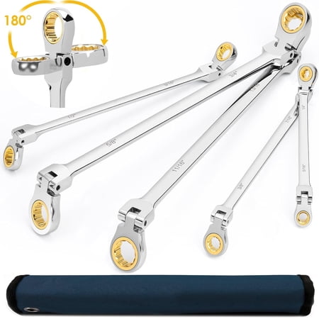 5-Piece Extra Long Flex-Head Ratcheting Wrench Set, SAE 1/4" to 13/16", Chrome Vanadium Steel with Storage Roll