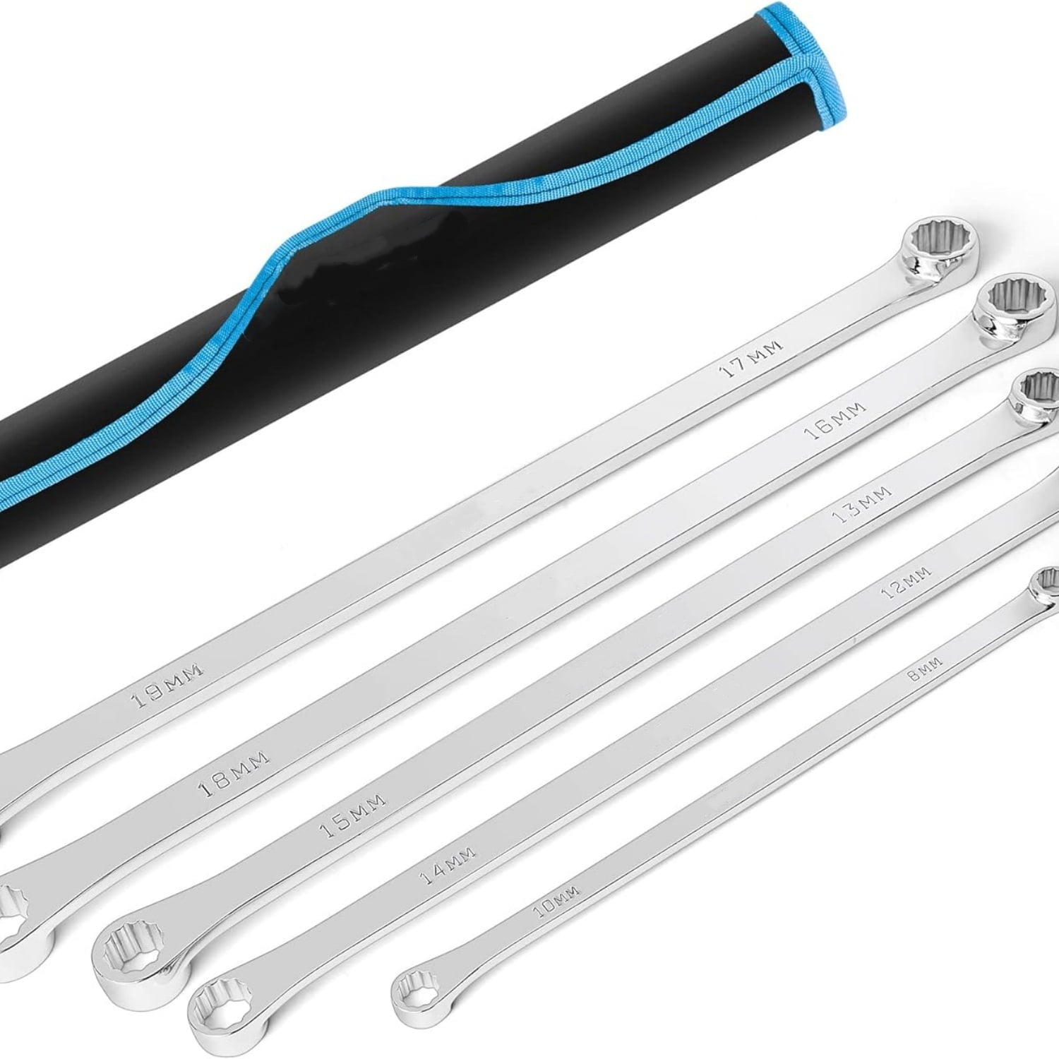 5-Piece Extra Long Wrench Set, Double Box End Wrench Set, 0 Degree Offset, Metric, CR-V Steel, 8mm, 10mm, 12mm, 13mm, 14mm, 15mm, 16mm, 17mm, 18mm, 19mm, Organized in Rolling Pouch