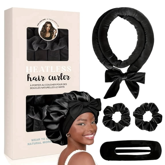 5-Piece Fabric Heatless Hair Curler Set, 60 inch Damage-Free Overnight Curling Headband for Women and Girls, Black