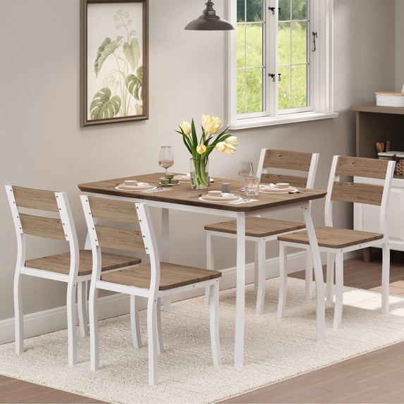 5 Piece Farmhouse Dining Table Set for 4, Industrial Kitchen Table with Padded Chairs & Iron Frame, Space-Saving Dining Room Furniture Set for Small Spaces, Apartments