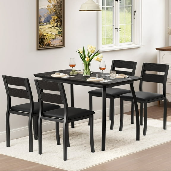 5 Piece Farmhouse Dining Table Set for 4, Industrial Kitchen Table with Padded Chairs & Iron Frame, Space-Saving Dining Room Furniture Set for Small Spaces, Apartments