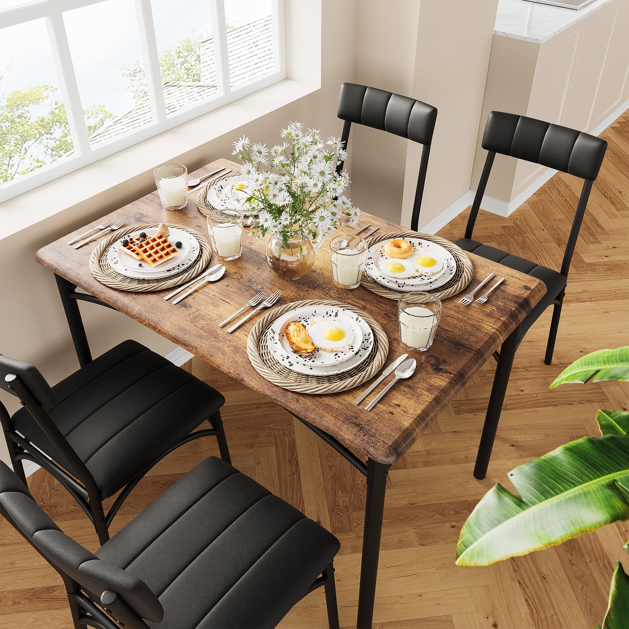 5-Piece Farmhouse Dining Table Set for 4, Rectangle Kitchen Table with ...