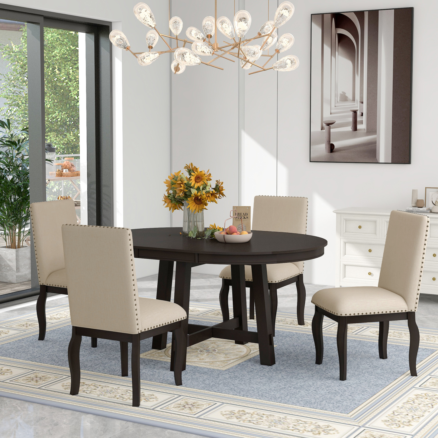 5-Piece Farmhouse Dining Table Set in Espresso, Extendable Round Table ...