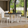 thumbnail image 1 of 5 Piece Farmhouse Dining Table Set, Farmhouse Kitchen Table with 4 Upholstered Chairs and Removable Middle Reaf, Solid Wood Round Table and Chairs Set for Small Space, Grey and White, 1 of 9