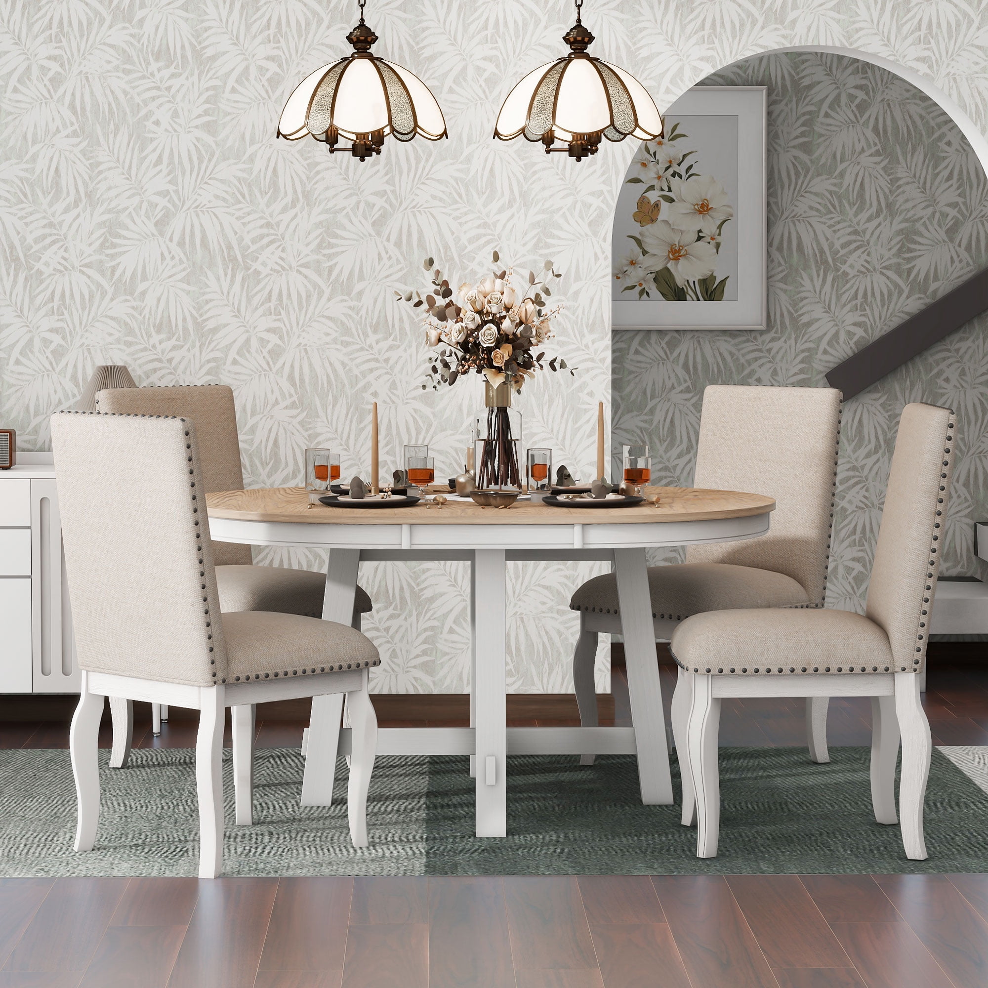 Oak Natural Wood and Antique White Extendable Dining Table Set with Upholstered Chairs