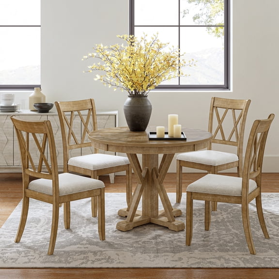 5 Piece Farmhouse Round Dining Table Set 40" Rustic Solid Wood Dinner Tables with 4 Dining Chairs Set Kitchen Dining Room Natural